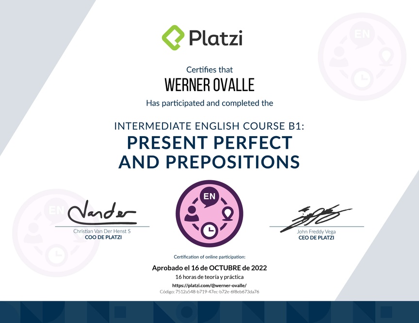 Diploma del Curso de Inglés Intermedio B1: Presente Perfecto y Preposiciones