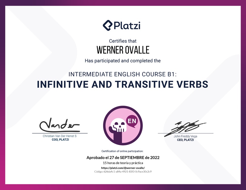Diploma del Curso de Inglés Intermedio B1: Verbos Infinitivos y Transitivos (2021)