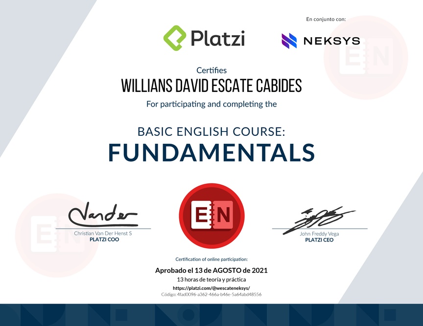 Diploma del Curso de Inglés Básico: Fundamentos 2018