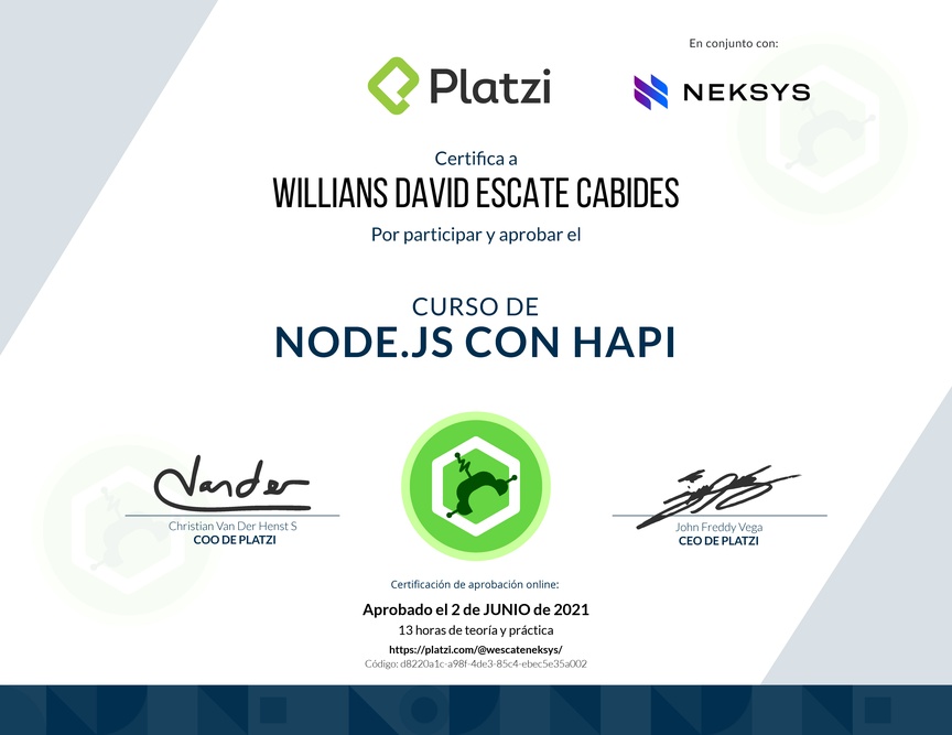 Diploma del Curso de Node.js con Hapi
