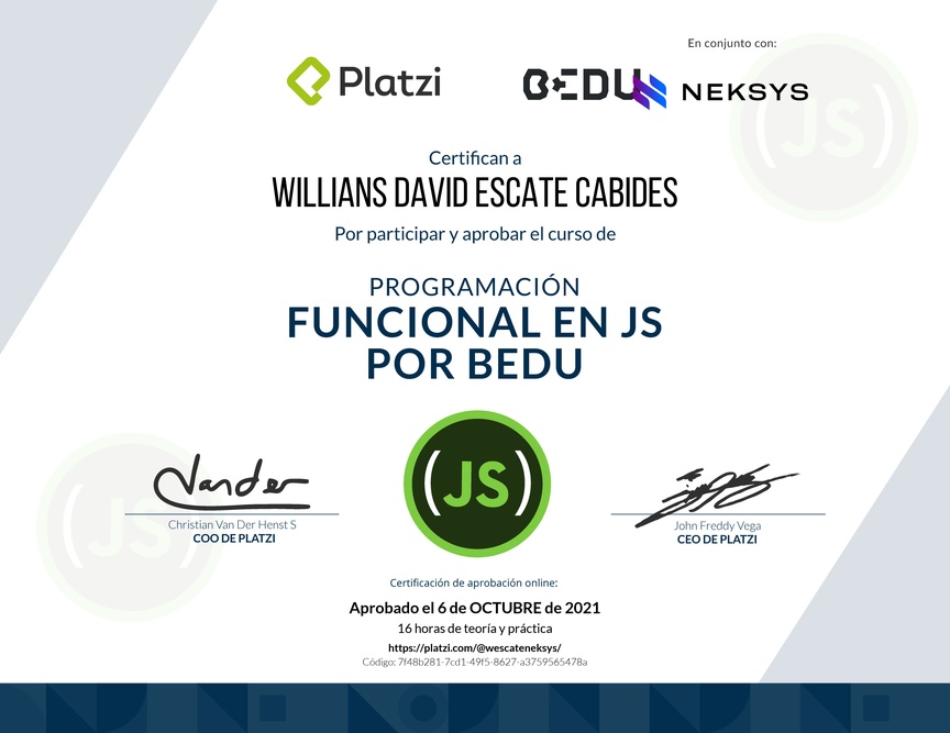 Diploma del Curso de Programación Funcional en JavaScript por Bedu