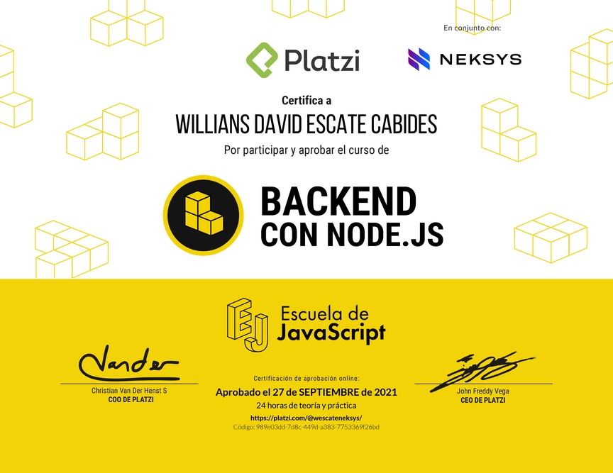 Diploma del Curso de Backend con Node.js 2019