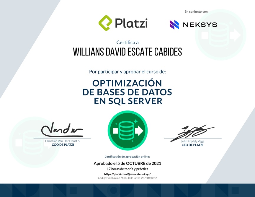 Diploma del Curso de Optimización de Bases de Datos en SQL Server