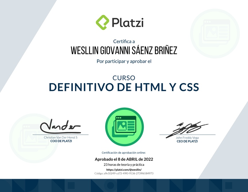 Diploma del Curso Definitivo de HTML y CSS