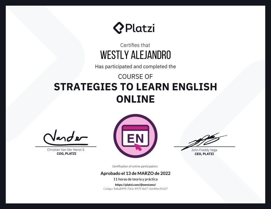 Diploma del Curso Gratis de Estrategias para Aprender Inglés en Línea