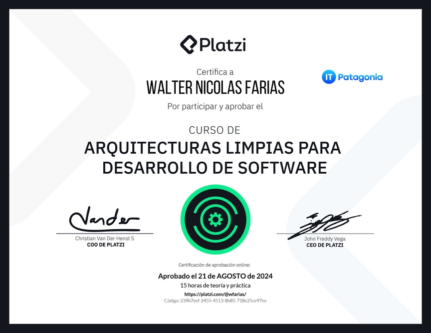 Diploma del Curso de Arquitecturas Limpias para Desarrollo de Software