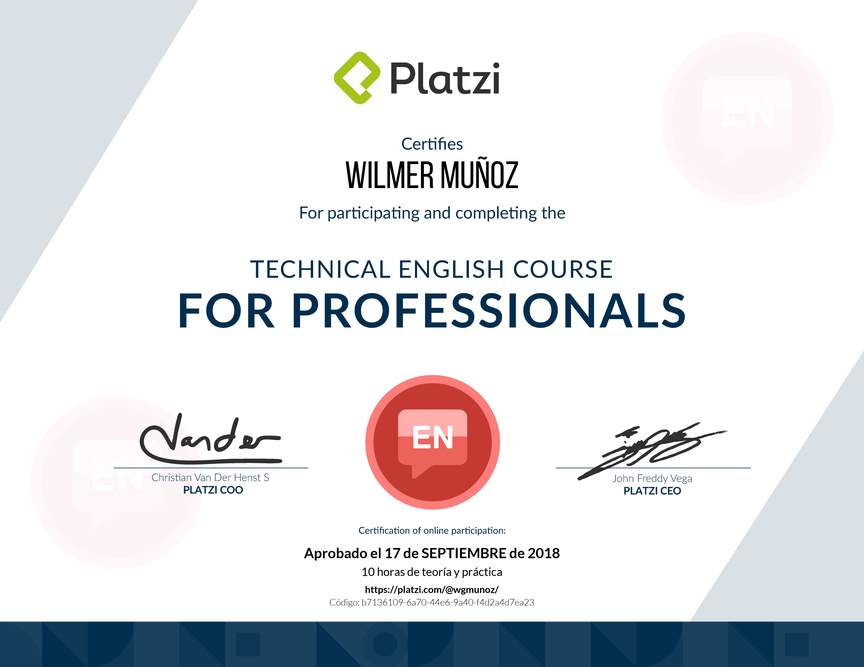 Diploma del Curso de Inglés Técnico para Profesionales 2017