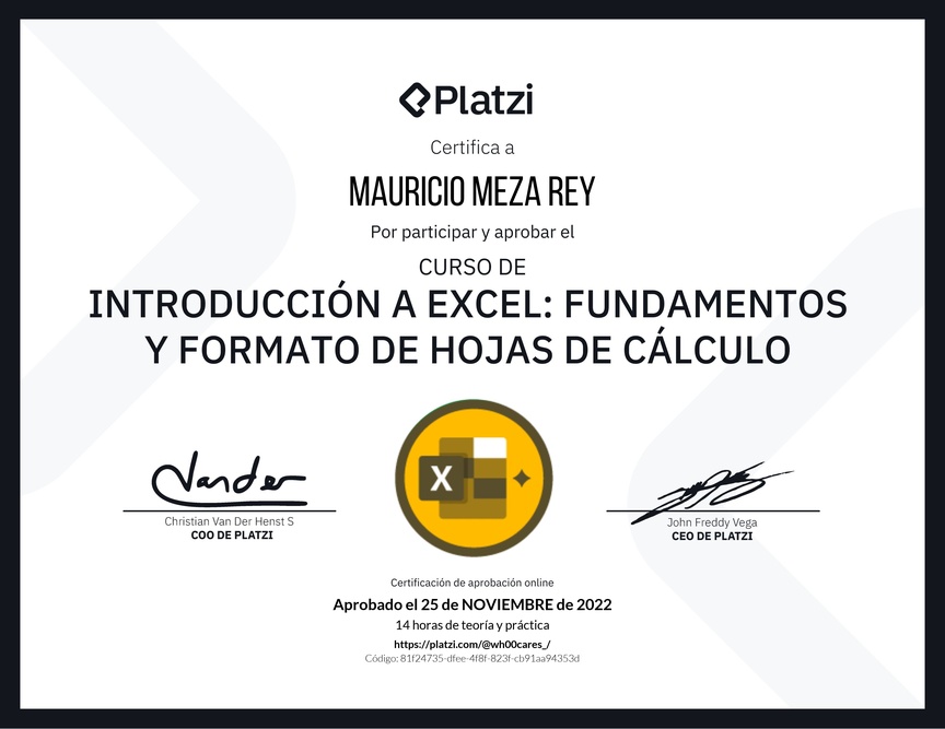 Diploma del Curso de Introducción a Excel para Principiantes: Fundamentos y Formato de Hojas de Cálculo