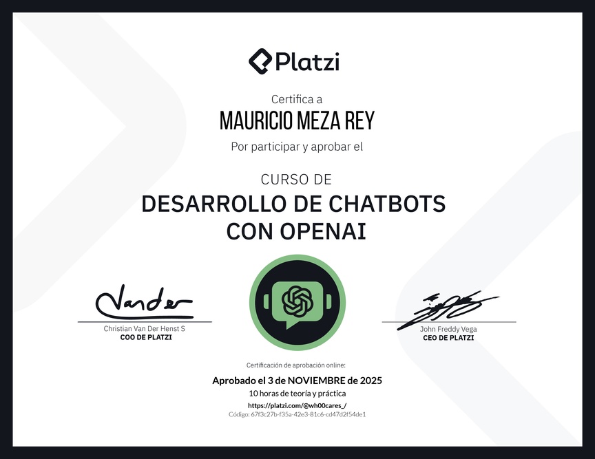 Diploma del Curso de Desarrollo de Chatbots con OpenAI