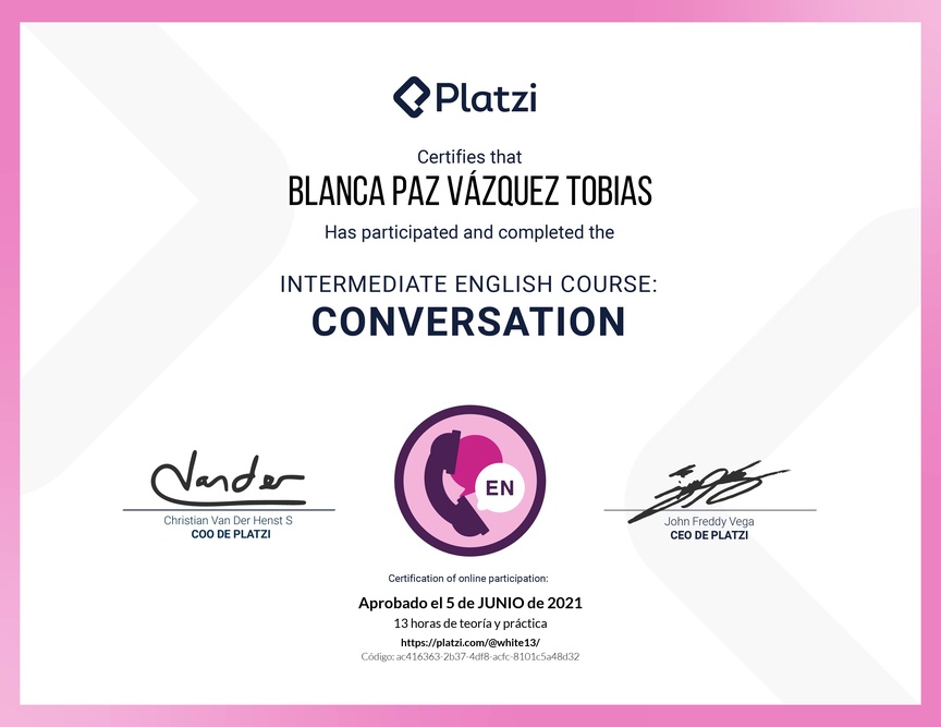 Diploma del Curso de Inglés Intermedio: Conversación 2020