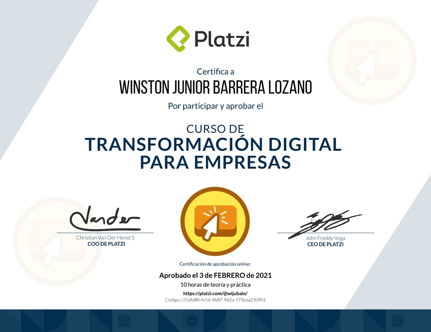 Diploma del Curso de Transformación Digital para el Crecimiento de tu Empresa