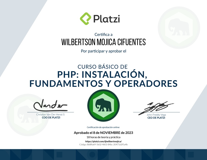 Diploma del Curso Básico de PHP: Instalación, Fundamentos y Operadores