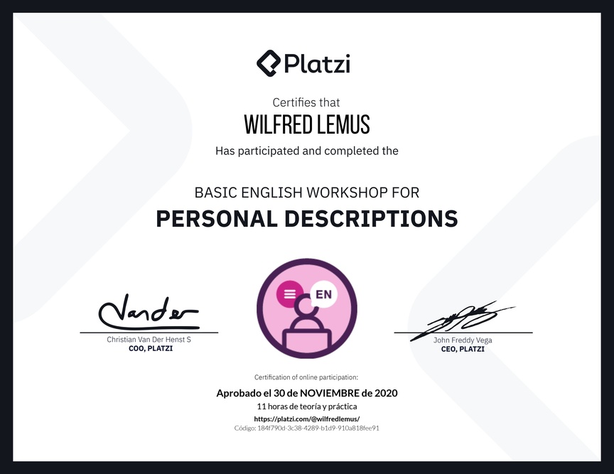 Diploma del Curso de Inglés Práctico para Descripciones Personales (2020=