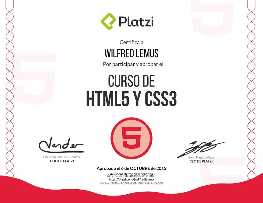 Diploma del Curso de HTML5 y CSS3 2015