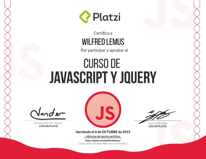 Diploma del Curso de Javascript y JQuery Febrero 2015