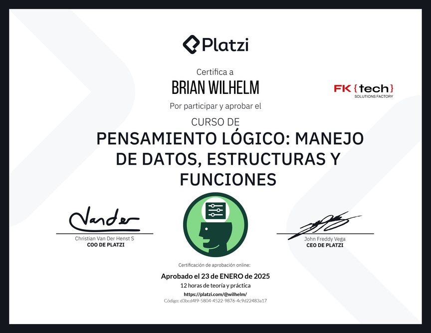 Diploma del Curso de Pensamiento Lógico: Manejo de Datos, Estructuras y Funciones