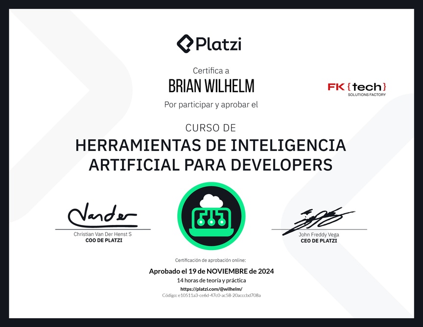 Diploma del Curso de Herramientas de Inteligencia Artificial para Developers (2023)