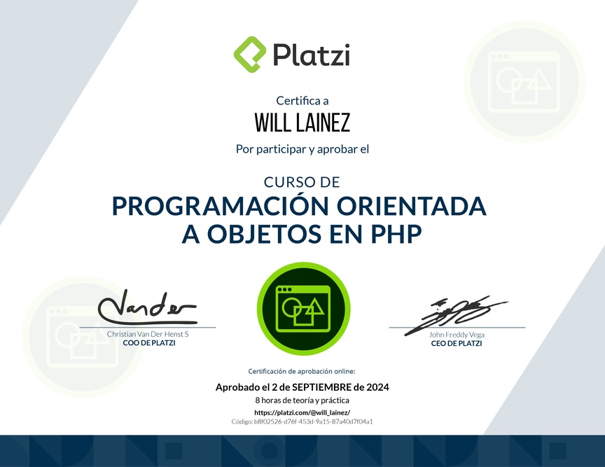 Diploma del Curso de Programación Orientada a Objetos en PHP