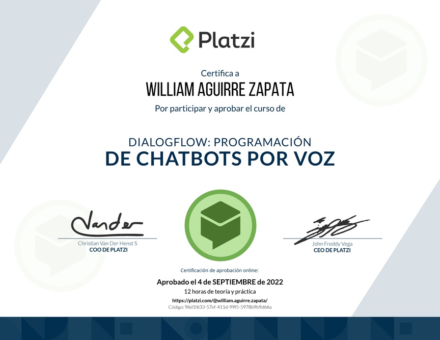 Diploma del Curso de DialogFlow: Programación de Chatbots por voz