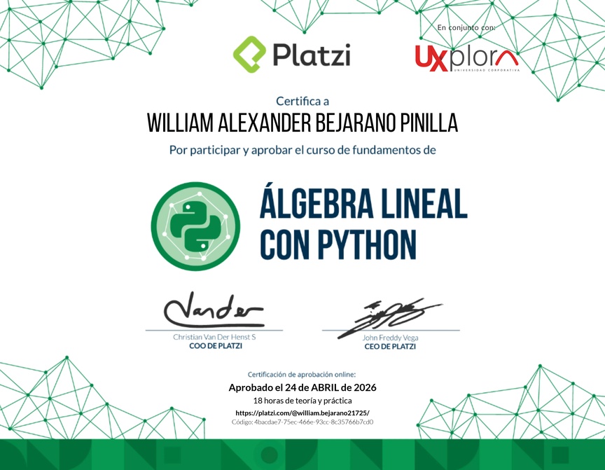Diploma del Curso de Fundamentos de Álgebra Lineal con Python