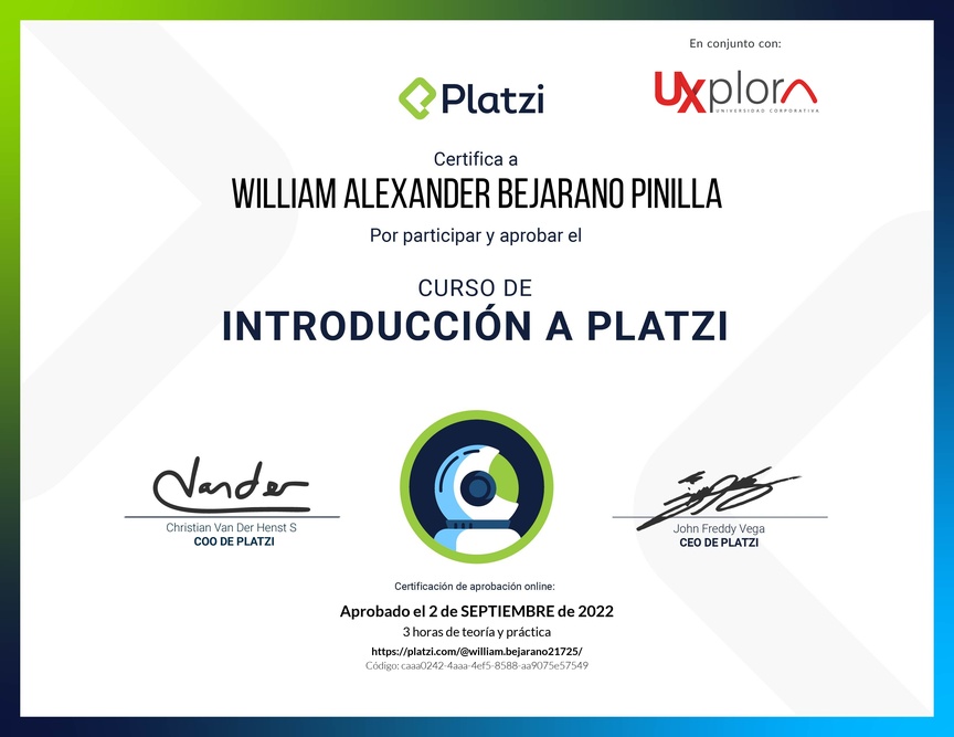 Diploma del Curso de Introducción a Platzi