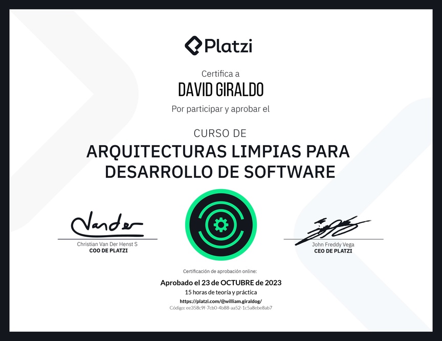 Diploma del Curso de Arquitecturas Limpias para Desarrollo de Software