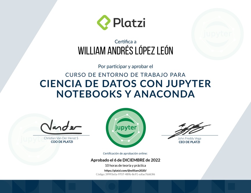 Diploma del Curso de Entorno de Trabajo para Ciencia de Datos con Jupyter Notebooks y Anaconda