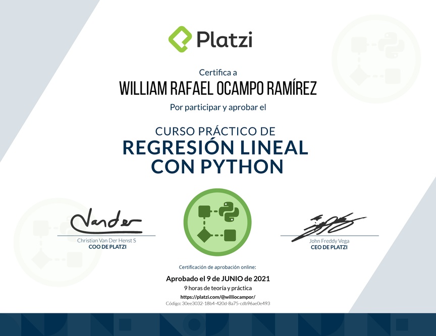 Diploma del Curso Práctico de Regresión Lineal con Python