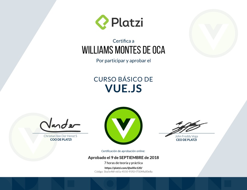 Diploma del Curso Básico de Vue.js 2016
