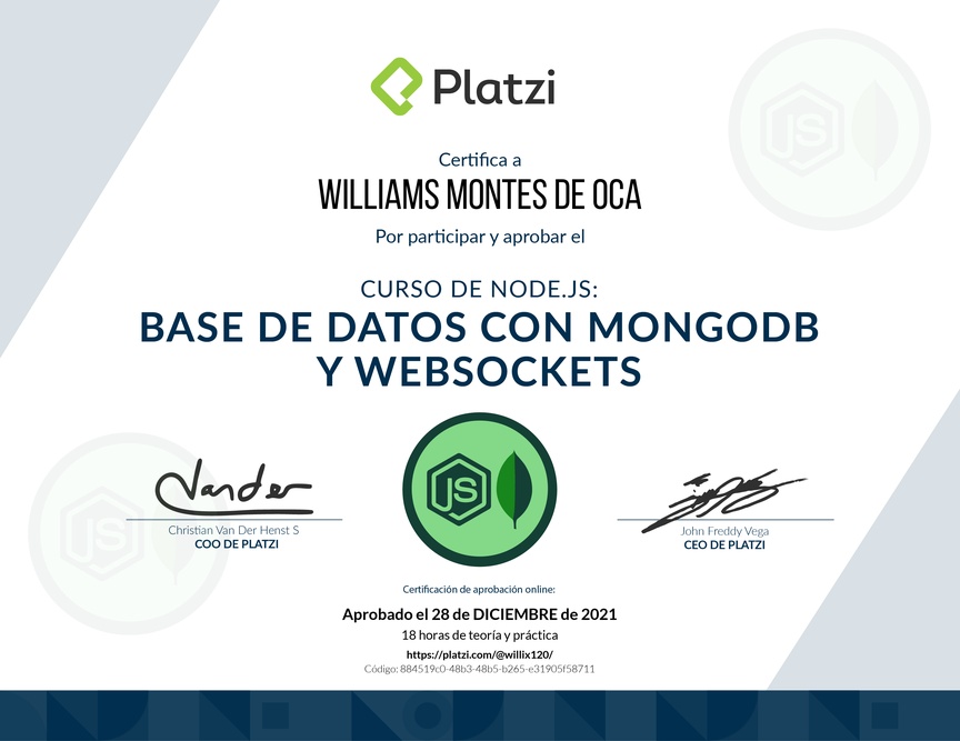Diploma del Curso de Node.js: Base de Datos con MongoDB y WebSockets