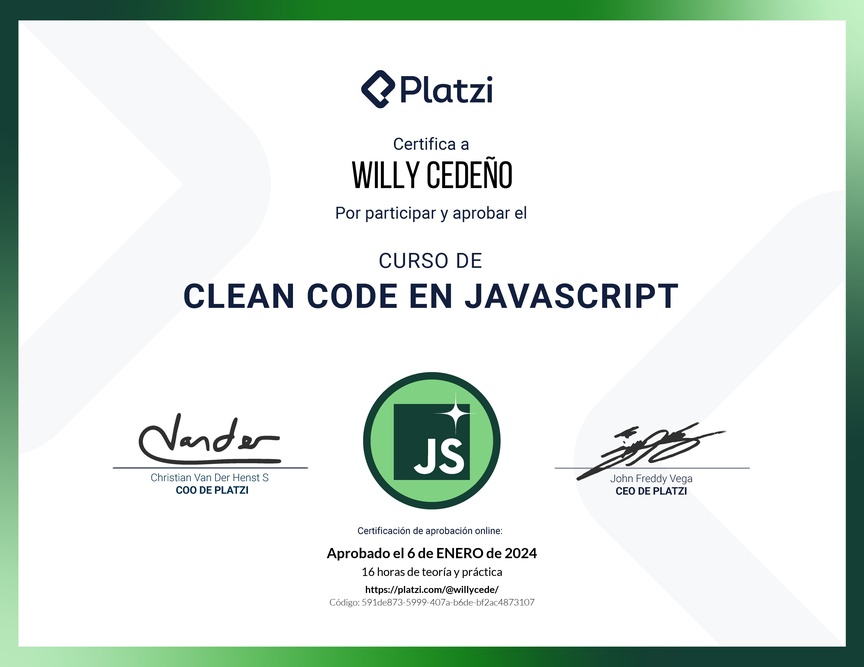 Diploma del Curso de Clean Code y Buenas Prácticas con JavaScript