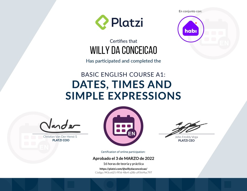 Diploma del Curso de Inglés Básico A1: Fechas, Horas y Expresiones Simples