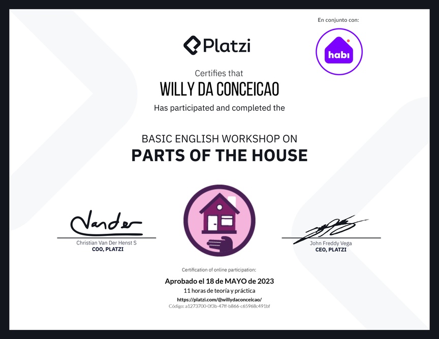 Diploma de Taller de Inglés Básico sobre las Partes de la Casa (2022)