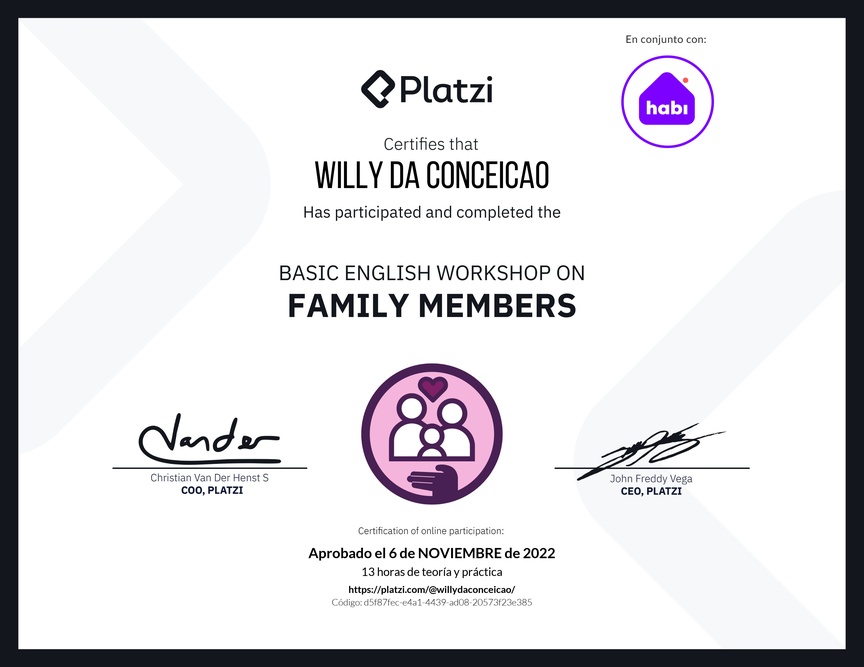 Diploma del Curso de Inglés Práctico sobre los Miembros de la Familia
