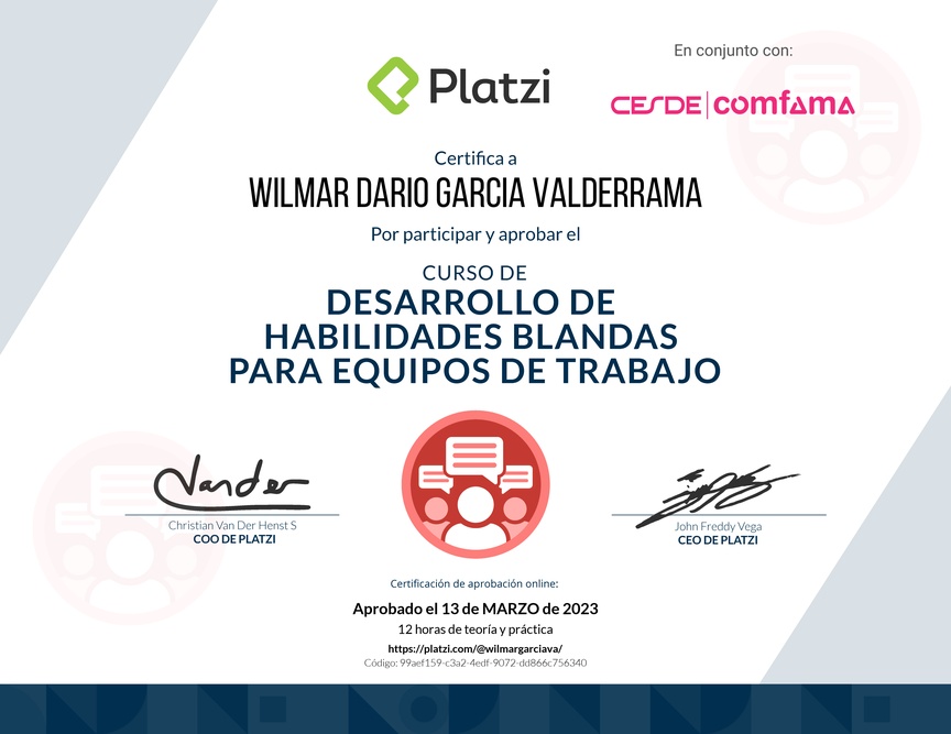 Diploma del Curso de Desarrollo de Habilidades Blandas para Equipos de Trabajo