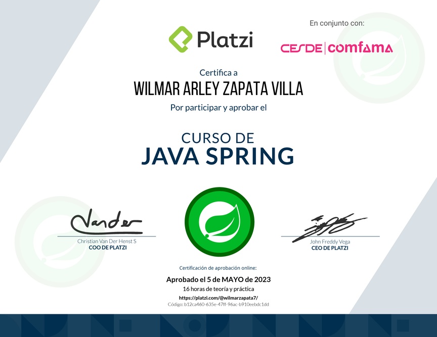 Diploma del Curso de Java Spring