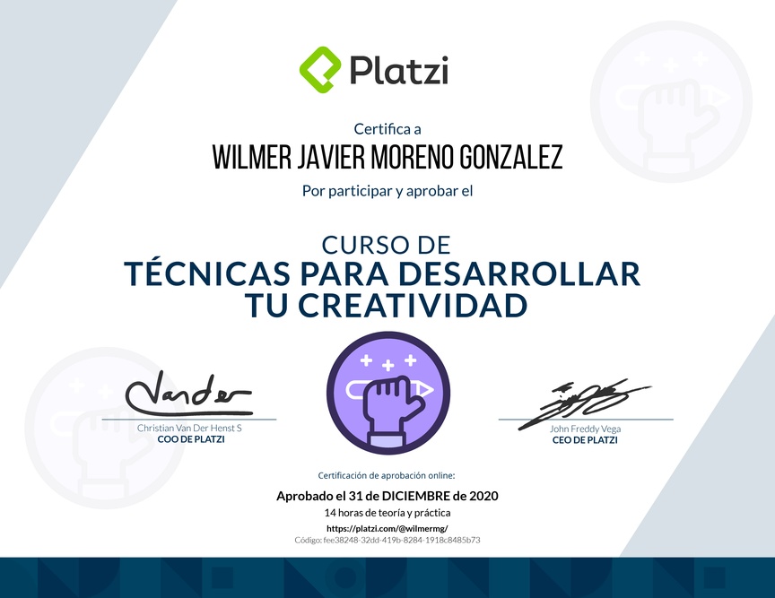 Diploma del Curso para Desarrollar tu Creatividad: Técnicas y Hábitos