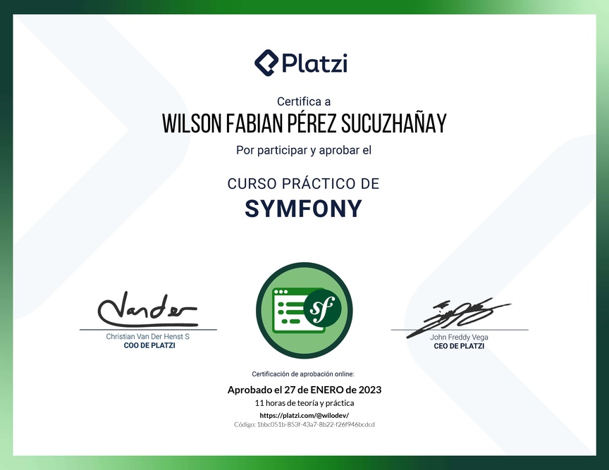 Diploma del Curso Práctico de Symfony