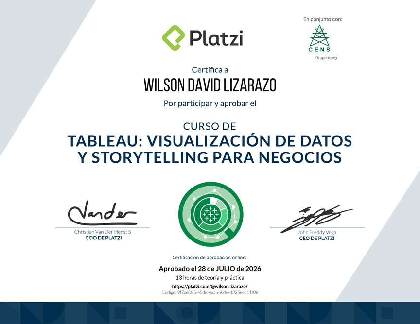 Diploma del Curso de Tableau: Visualización de Datos y Storytelling para Negocios