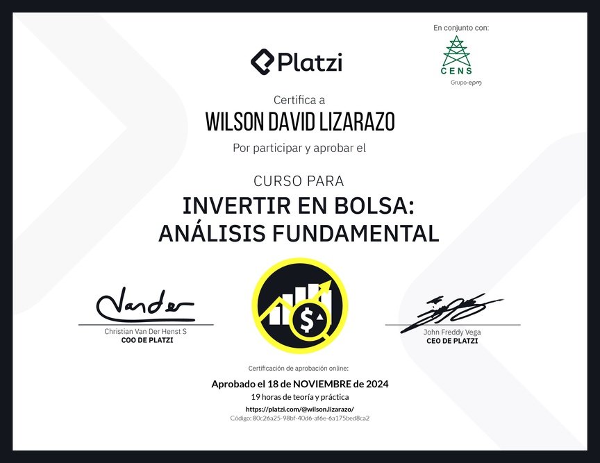Diploma del Curso para Invertir en Bolsa: Análisis Fundamental
