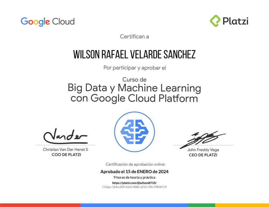 Diploma del Curso de Big Data y Machine Learning con Google Cloud Platform