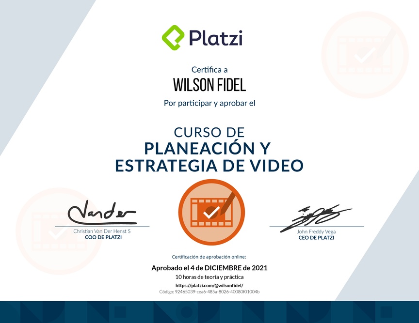 Diploma del Curso de Planeación y Estrategia de Video