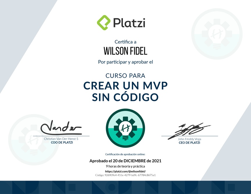 Diploma del Curso para Crear un MVP sin Código