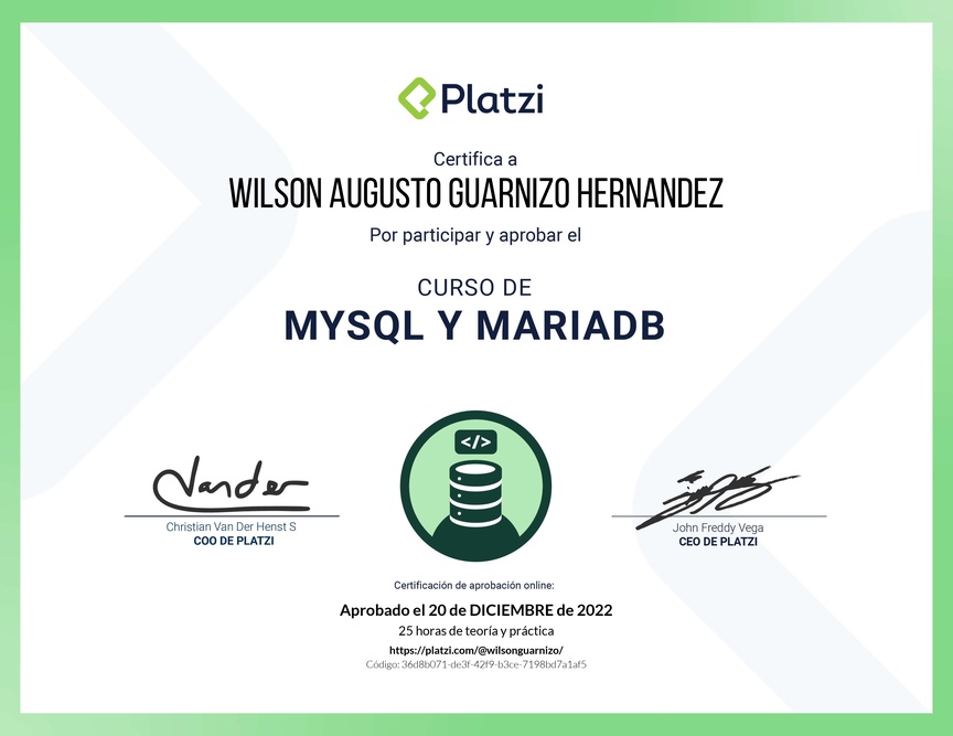 Diploma del Curso de Bases de Datos con MySQL y MariaDB