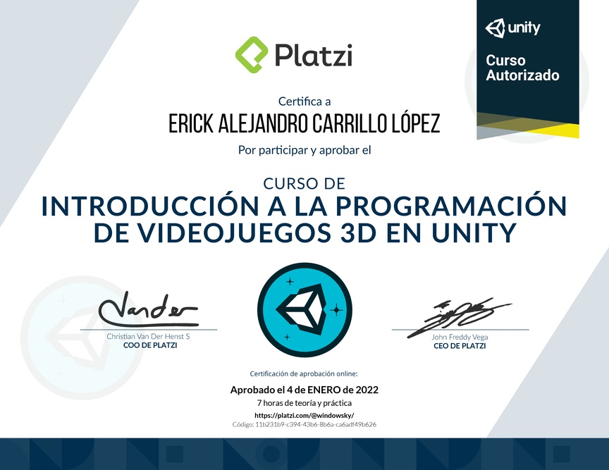 Diploma del Curso de Introducción a la Programación de Videojuegos 3D con Unity