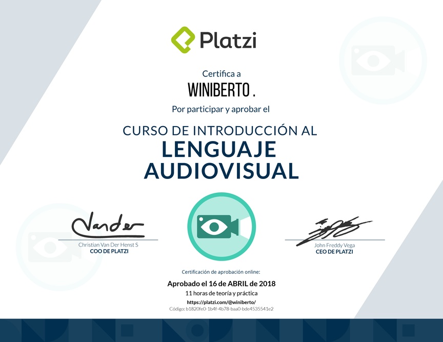 Diploma del Curso de Introducción al Lenguaje Audiovisual 2018