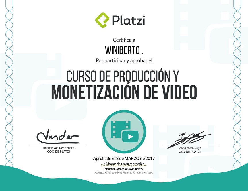 Diploma del Curso de Producción y Monetización de Video 2016