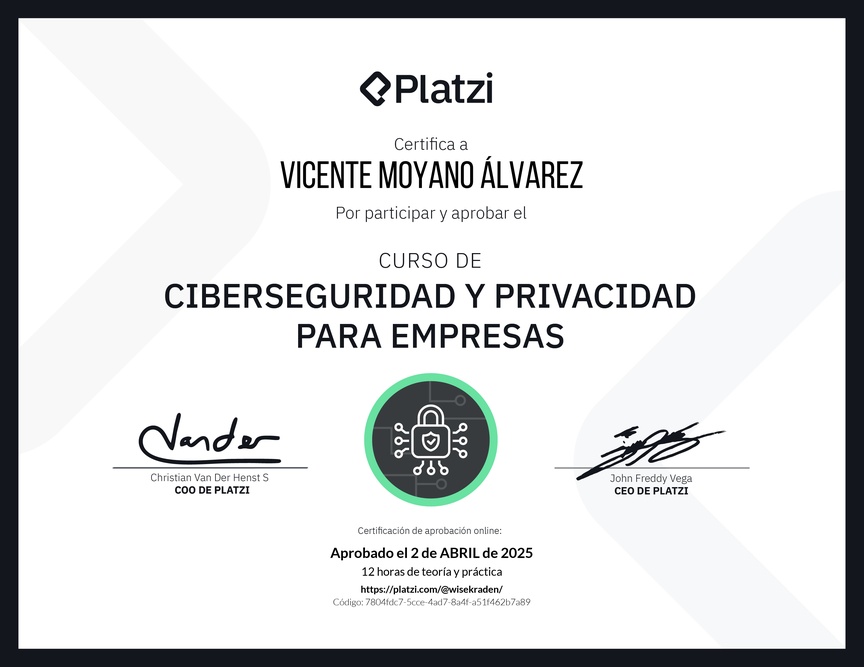 Diploma del Curso de Ciberseguridad y Privacidad para Empresas