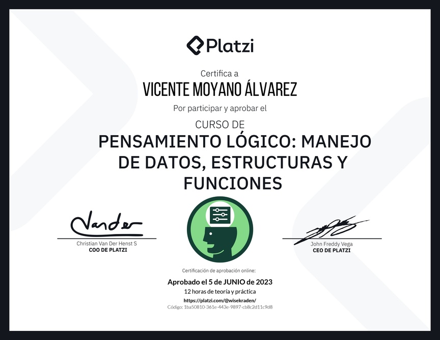 Diploma del Curso de Pensamiento Lógico: Manejo de Datos, Estructuras y Funciones