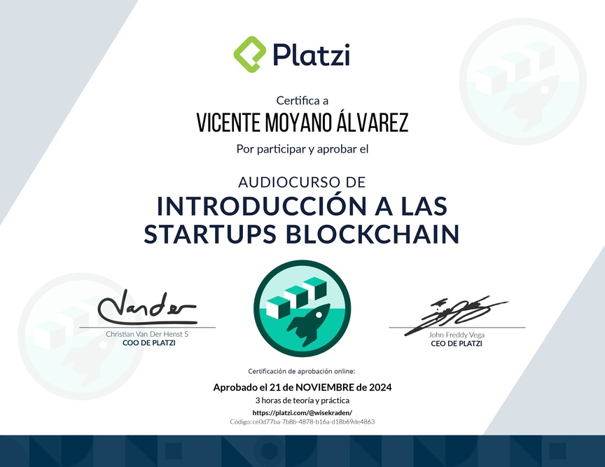 Diploma de Audiocurso de Introducción a las Startups Blockchain